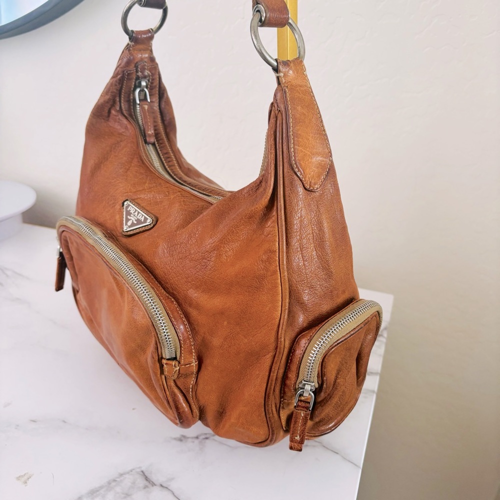 Prada Vintage Authentic Washed Buffalo Bauletto Hobo Bag Purse Naturale Tan COA - Picture 3 of 14